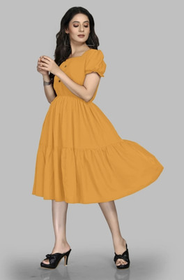 Mahudi Women Fit and Flare Yellow Midi/Calf Length Dress