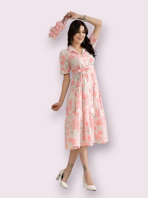 HouseOfCommon Women Fit and Flare White, Pink Below Knee Dress