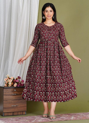 HouseOfCommon Women A-line Maroon Midi/Calf Length Dress