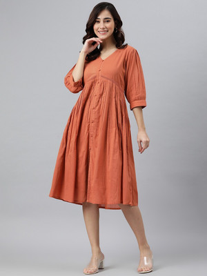 Janasya Women Fit and Flare Orange Midi/Calf Length Dress