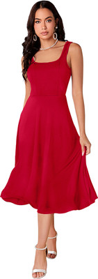 TESSAVEGAS Women A-line Red Midi/Calf Length Dress