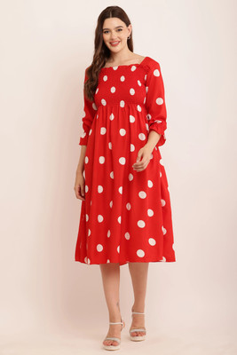 DIVAAS Women Fit and Flare Red Midi/Calf Length Dress