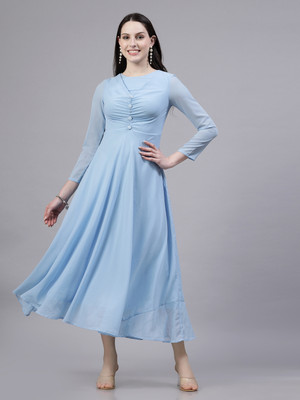 AAYU Women Fit and Flare Light Blue Midi/Calf Length Dress