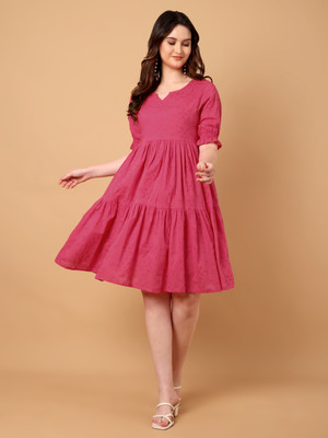 Azira Women Fit and Flare Pink Midi/Calf Length Dress