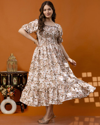 fantasy fab Women Fit and Flare White Midi/Calf Length Dress