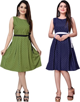 tanvi creation Women Fit and Flare Blue, Green Dress