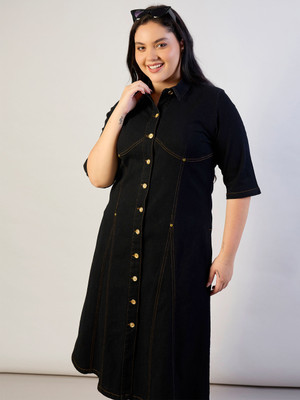 SASSAFRAS Curve Women A-line Black Midi/Calf Length Dress