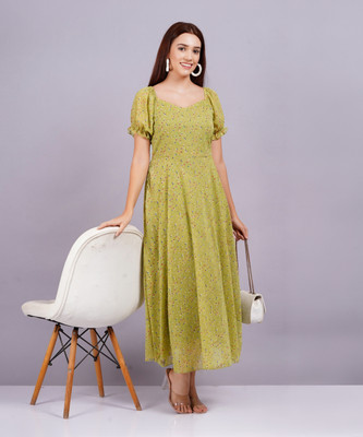 Highlight fashion export Women Fit and Flare Light Green Midi/Calf Length Dress