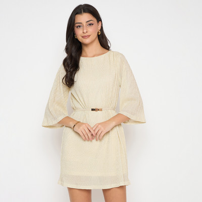 MADAME Women A-line White Below Knee Dress