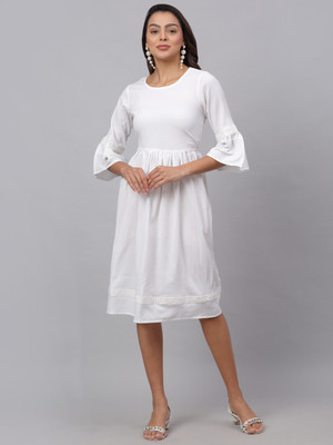 JAINISH Women A-line White Knee Length Dress