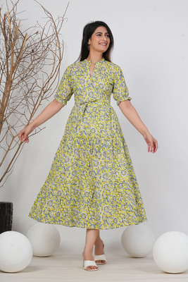 INSTA CRAFT Women Asymmetric Yellow Midi/Calf Length Dress