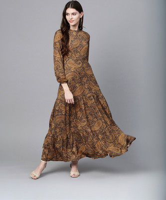 SASSAFRAS Women Tiered Yellow Maxi/Full Length Dress