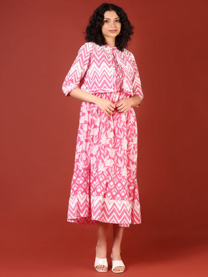 V-MART Women A-line Pink Midi/Calf Length Dress