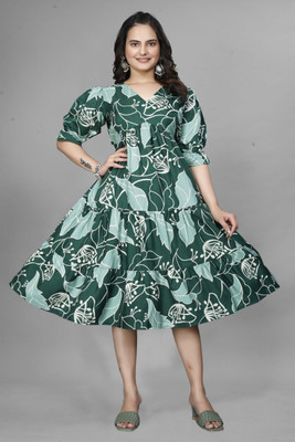 JOYDORE Women Fit and Flare Green Below Knee Dress