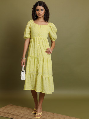 Vishudh Women Fit and Flare Yellow Midi/Calf Length Dress