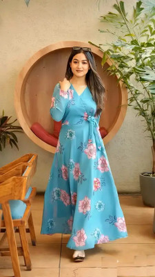 HK SHOPEE Women Fit and Flare Light Blue Maxi/Full Length Dress