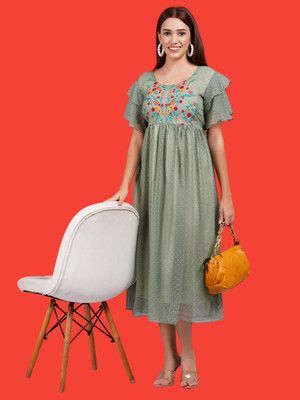 sana fashion Women Fit and Flare Light Green Midi/Calf Length Dress