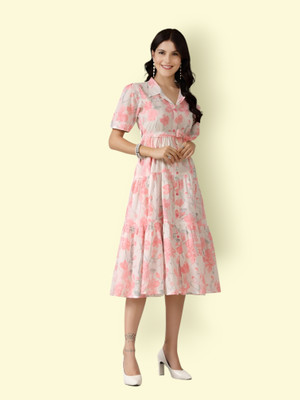 fashionstreet Women Fit and Flare White, Pink Below Knee Dress