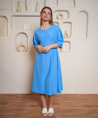 MILOST Women A-line Blue Midi/Calf Length Dress