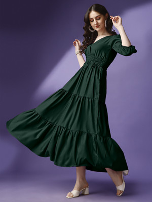 Krunal Raiyani Women Fit and Flare Dark Green Maxi/Full Length Dress