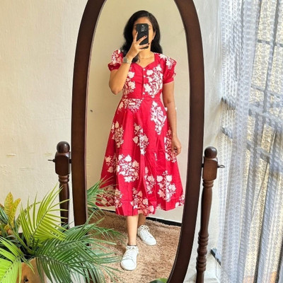 GonerDham Women A-line Red Below Knee Dress