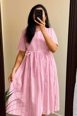 Lamenda Women Fit and Flare Pink Below Knee Dress