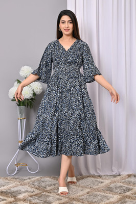 IQRAAR Women Fit and Flare Multicolor, Dark Blue Below Knee Dress