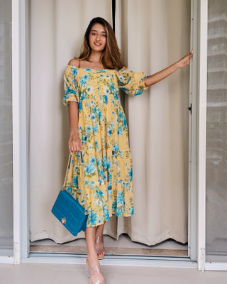 Janasya Women Fit and Flare Blue, Yellow, Green Midi/Calf Length Dress