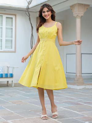 Janasya Women A-line Yellow Midi/Calf Length Dress
