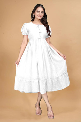 Anjelik Women Fit and Flare White Midi/Calf Length Dress
