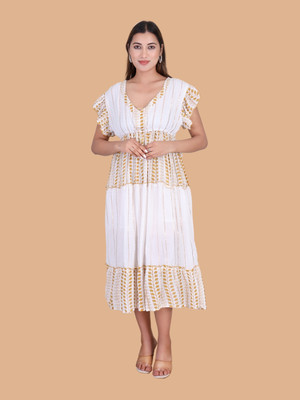 Moda Rapido Women Fit and Flare White Below Knee Dress