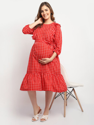 Moms Maternity Women Fit and Flare Red Midi/Calf Length Dress