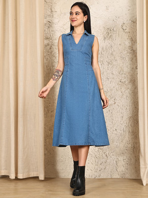 Puella Women A-line Light Blue Midi/Calf Length Dress