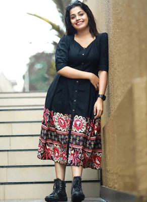 Krishwi Creation Women Fit and Flare Black Midi/Calf Length Dress