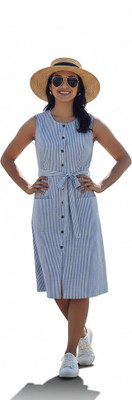 Designally Women A-line Blue, White Below Knee Dress