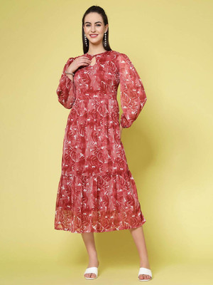 PLUSS Women Fit and Flare Maroon Midi/Calf Length Dress