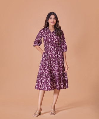 FashFun Women Fit and Flare Maroon Midi/Calf Length Dress