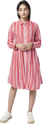 YU by Pantaloons Women Fit and Flare Red, White Midi/Calf Length Dress