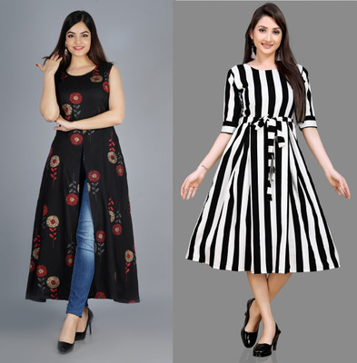 tanvi creation Women Fit and Flare Multicolor Midi/Calf Length Dress