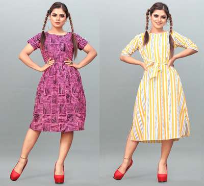 Hiral Creation Women Fit and Flare Pink Below Knee Dress