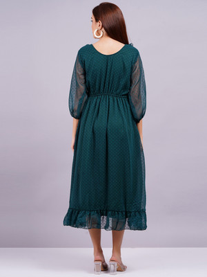 JC4U Women Fit and Flare Dark Green Midi/Calf Length Dress