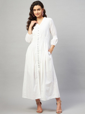 aaheli Women Fit and Flare White Maxi/Full Length Dress