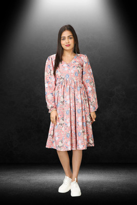 HOC's Women Fit and Flare Pink Knee Length Dress