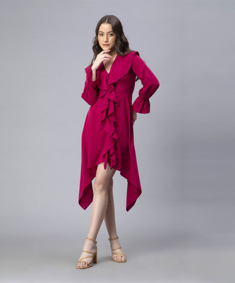 DRAPE AND DAZZLE Women Fit and Flare Maroon Below Knee Dress
