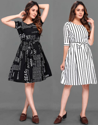 Rinra Women A-line Black, White Knee Length Dress