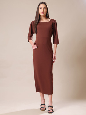 PURVAJA Women Bodycon Brown Midi/Calf Length Dress