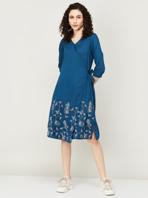 Colour Me by Melange Women A-line Dark Blue, White Dress