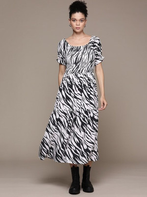Roadster Women A-line Black, White Midi/Calf Length Dress