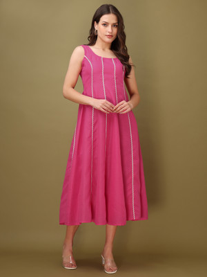 PURVAJA Women Fit and Flare Pink Midi/Calf Length Dress