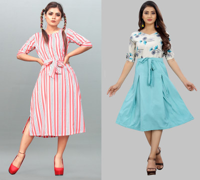 Modli 20 Fashion Women Fit and Flare Multicolor Below Knee Dress